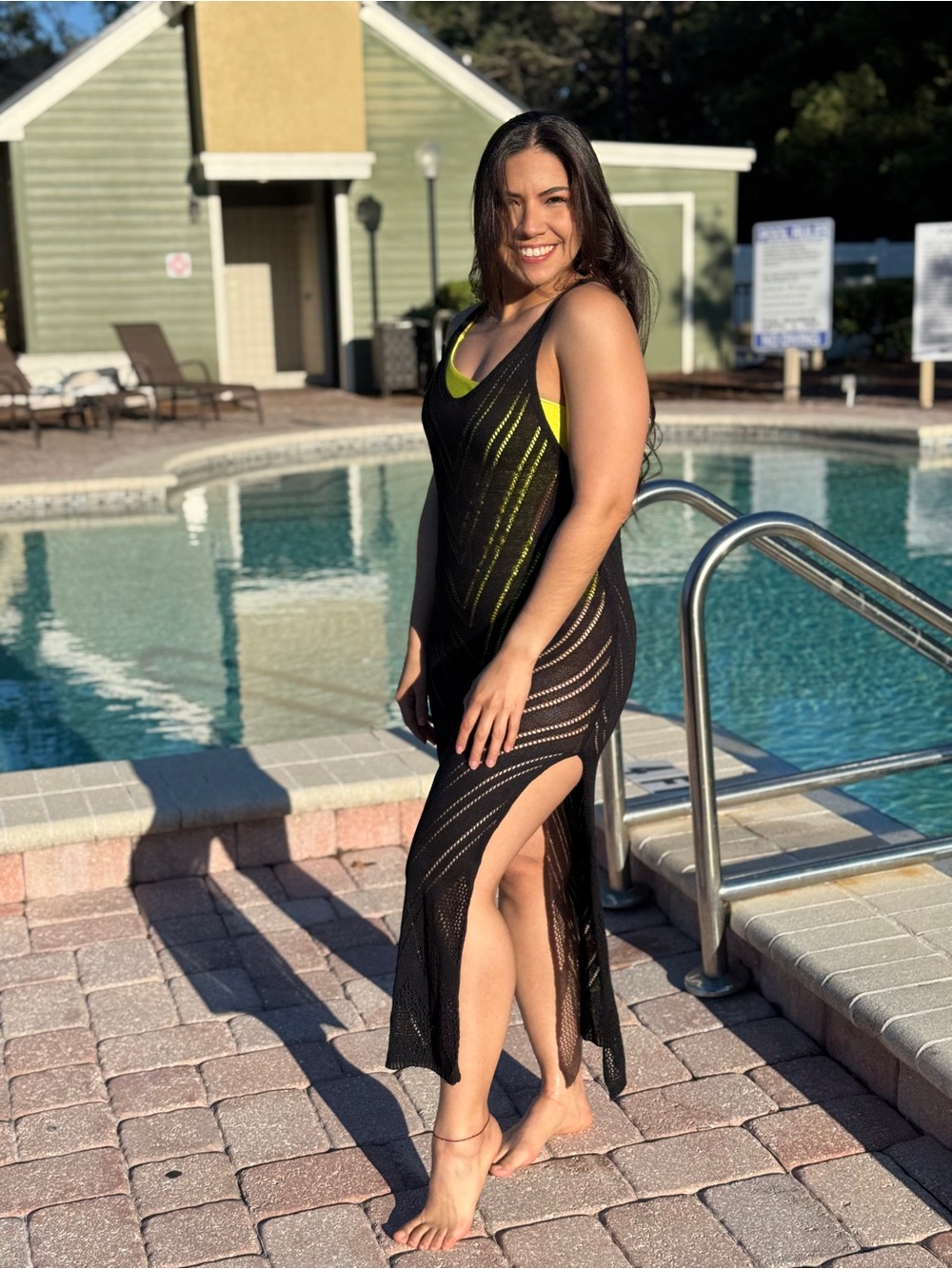Women's Black Sheer Swim Cover-Up Dress with Neon Yellow Accent